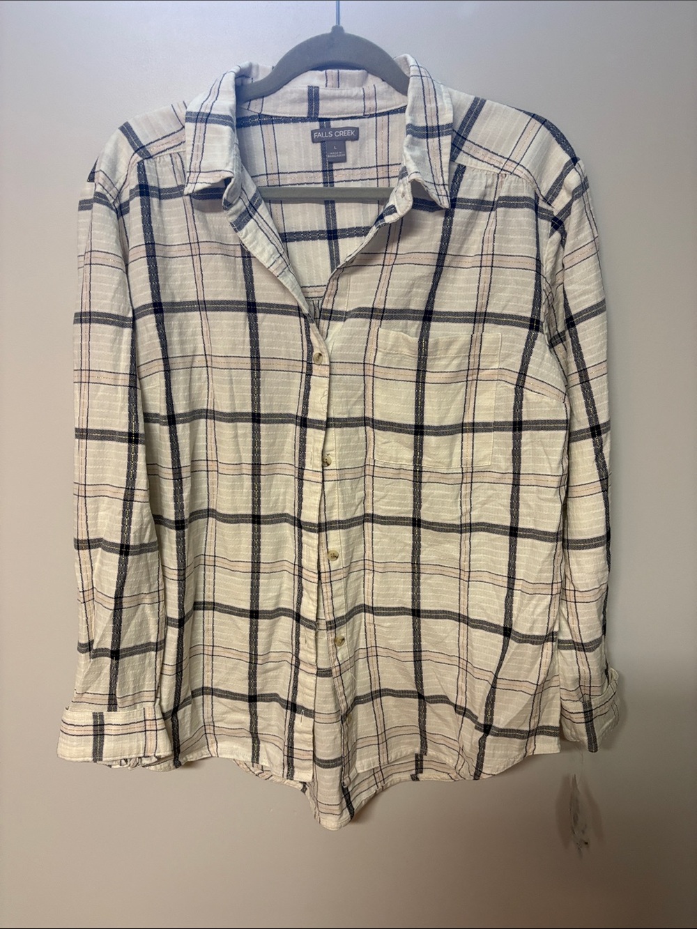 Falls Creek women’s white and navy Plaid Button-Down Shirt